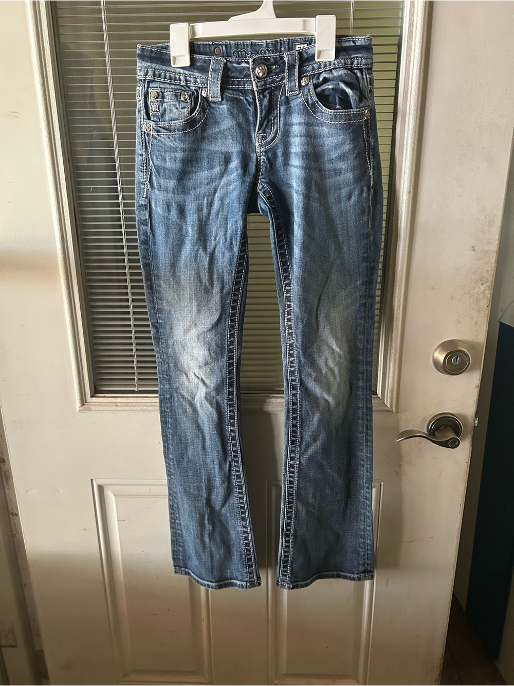 Miss Me dark blue distressed mid-rise jeans